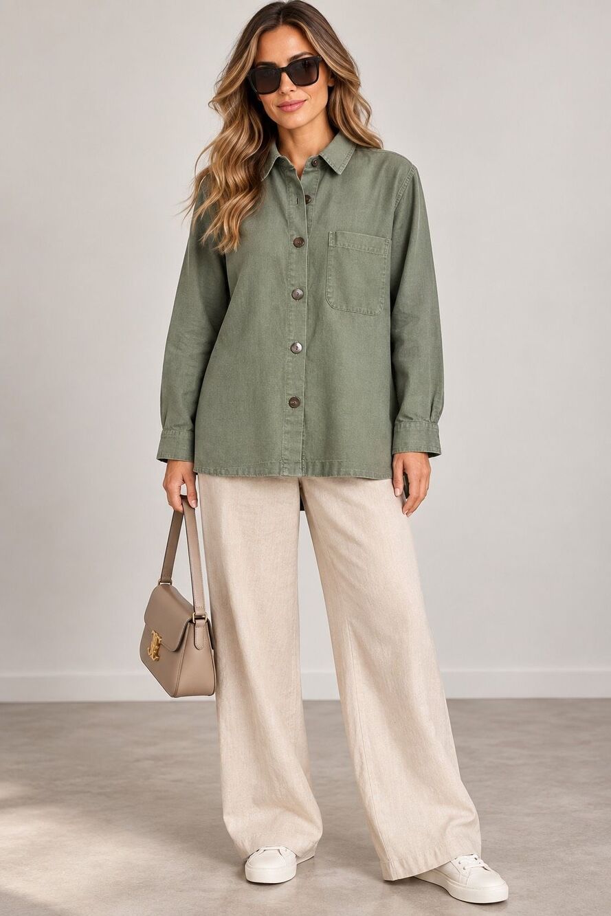 Units 100% Linen Olive Green Utility Shirt Jacket Button Front Size L